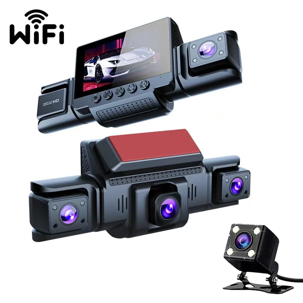 Dash Cam Full HD 1080P con 3/4 Lenti, Registrazione Anteriore e Posteriore, Connessione WiFi, Supporto APP Multilingue, Alimentazione Tramite Caricatore Auto/ACC