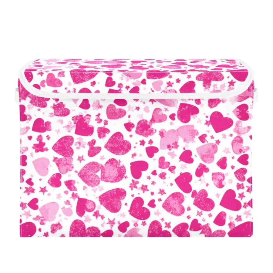 Contenitori portaoggetti grandi con cuori rosa su tutta la superficie, con coperchio pieghevole in lino, 16,7 x 12,6 x 11,8 pollici