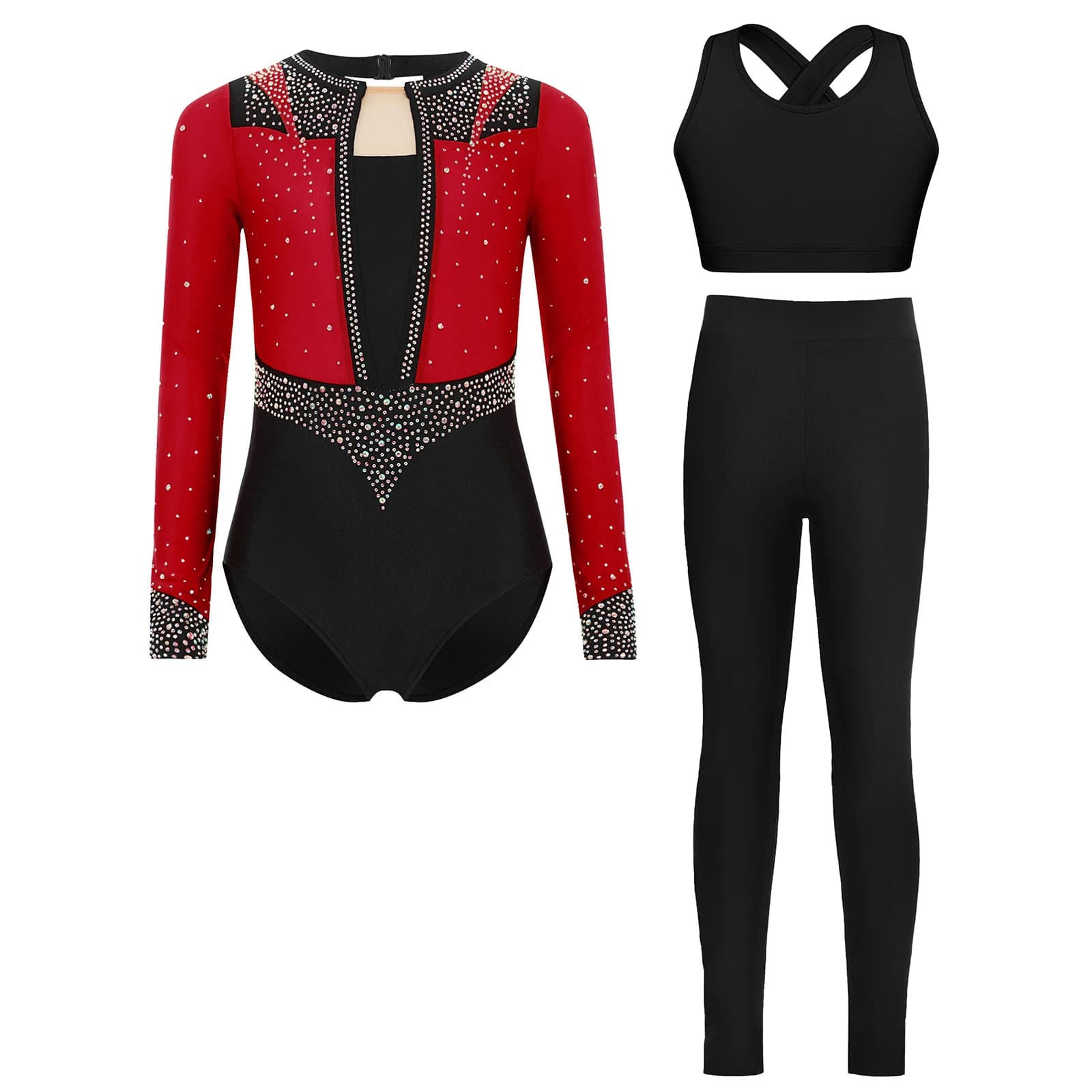 Bambini Ragazze Ginnastica Pattinaggio di Figura Vestito da Spettacolo di Danza Manica Lunga Color Block Patchwork Body + Vest Crop Top + Leggings