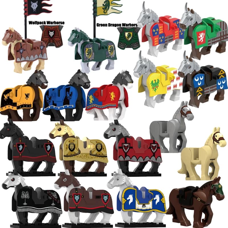 Castello militare medievale Cavallo di guerra Blocchi di costruzione Drago verde Foresta Lupo Pipistrello Leone Cavaliere Guerriero di guerra Accessori Giocattoli di mattoni