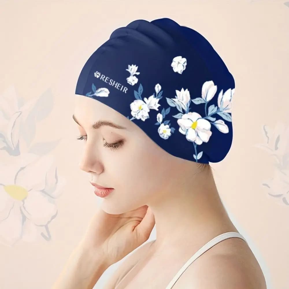 Swim cap with pink flowers Printed swim cap with long vintage style hair Swimwear elastic silicone swim cap breathable Water sports