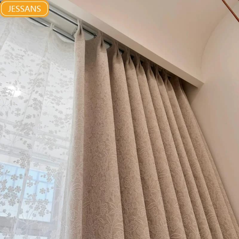 French Retro Relief Jacquard Milk Tea Colored Curtains for Living Room Bedroom Partition Curtains Customized Finished