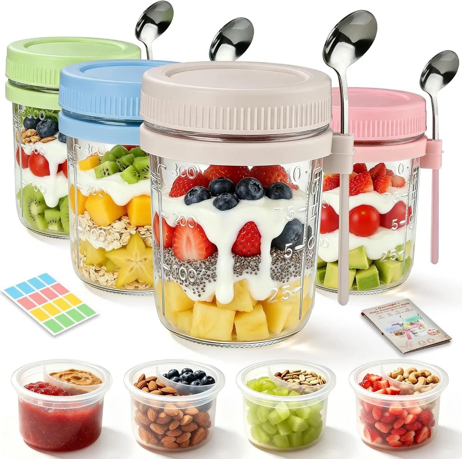 4Pcs Overnight Oats Containers with Lids and Spoons,16oz Glass Meal Prep Jars with Measurement Marks, Leak-Proof Breakfast Food