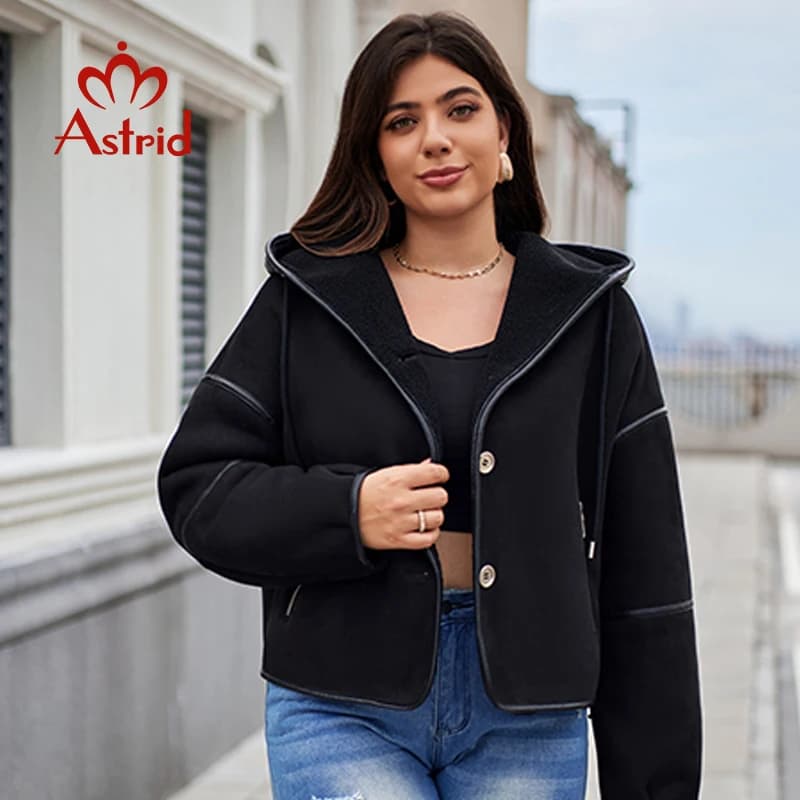 Astrid Autumn Women's Jacket Double Face Fur Spliced Design Hot Coats with Hood Lady Demi-Season Parka Plus Size Outwears 30200