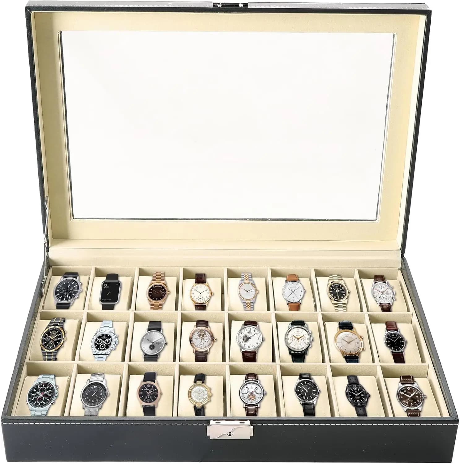 Scatola Porta Orologi a 24 Scomparti con Coperchio in Vetro, Organizzatore Portatile per Orologi e Custodia da Viaggio con Cuscini Rimovibili