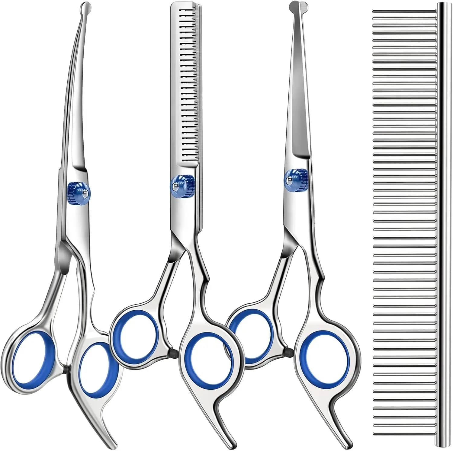 Le forbici professionali per toelettatura cani e gatti 4 in 1 include forbici e pettine per sfoltire curve dritte - Forniture premium per animali domestici