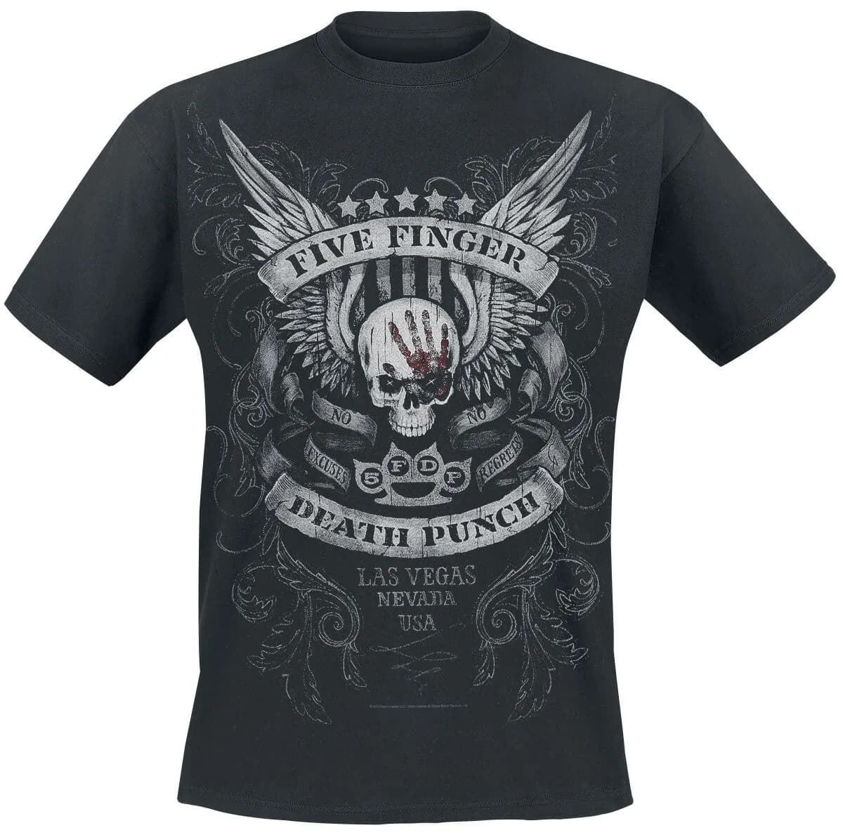 T-shirt con stampa fronte-retro Five Finger Death Punch Skull Knuckle, maglietta neutra casual in cotone 100%, streetwear heavy metal