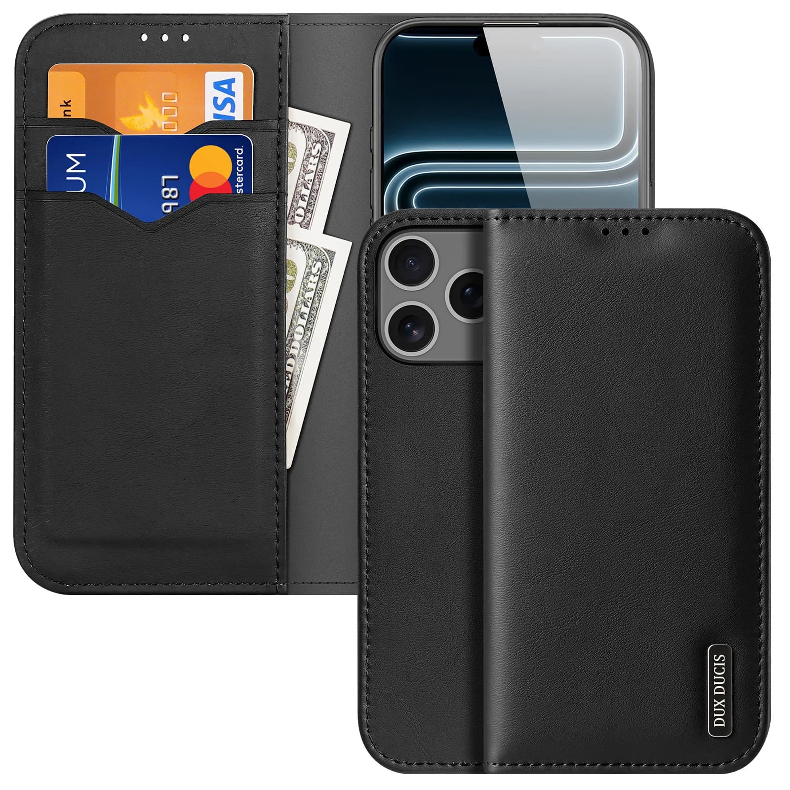 Custodia a portafoglio in vera pelle DUX DUCIS per iPhone 14 15 16 Pro Max Plus con protezione RFID, chiusura magnetica, slot per carte e antiurto