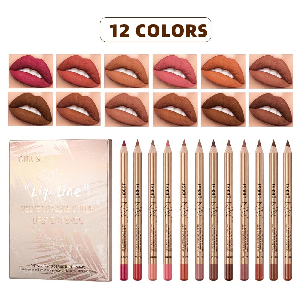 QIBEST 12 Colors Lipliner Pencil Sets Long Lasting Waterproof Matte Lipstick Pens Lip Liner Cosmetics Professional Makeup Tool