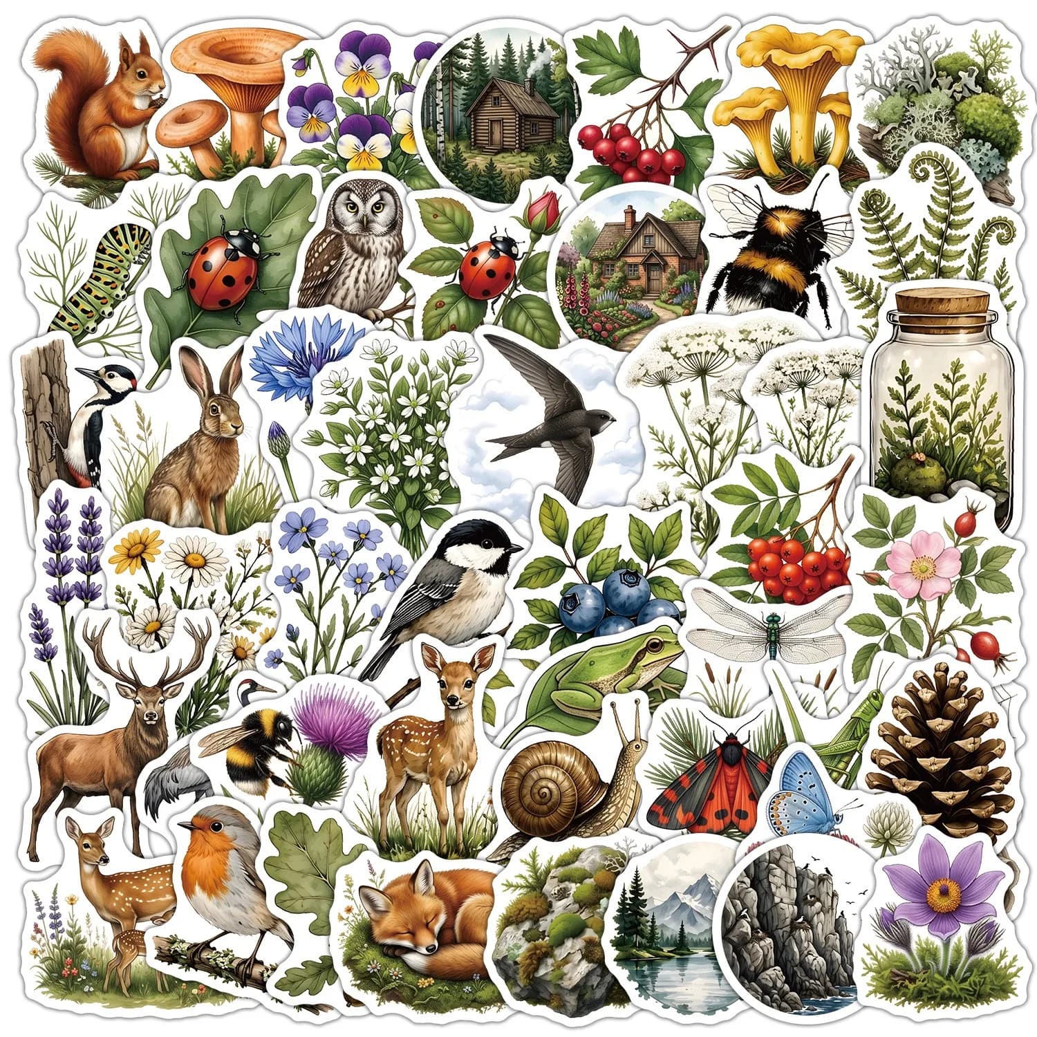 50Pcs Retro Forest Animals Plants Stickers Aesthetic Graffiti Decals Laptop Water Bottle Luggage Notebook Waterproof Sticker