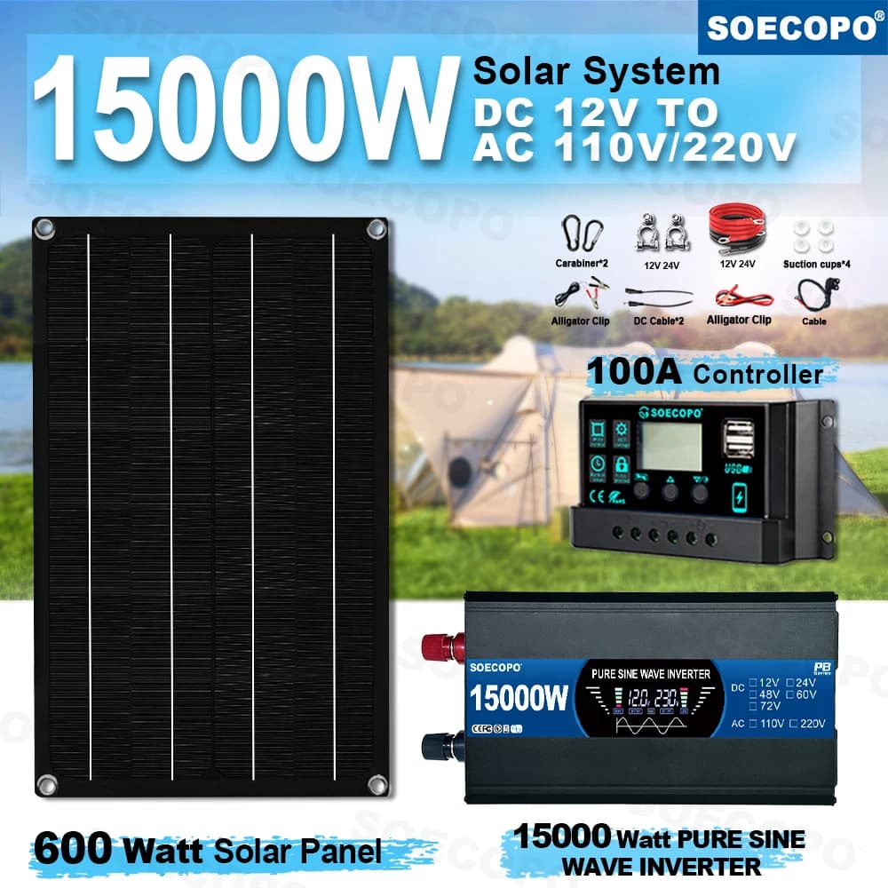 SOECOPO Kit sistema solare da 7000 W per la casa: pannello da 600 W, inverter a onda sinusoidale pura 2 prese 12 V 110 V/220 V, controller 100 A da campeggio