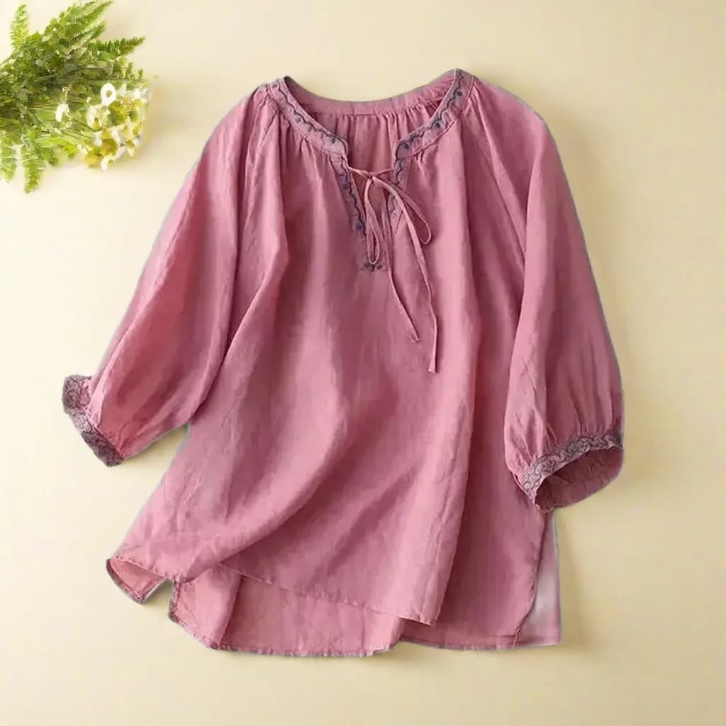 Ricamo manica a tre quarti con scollo a v Pullover camicetta da donna allentata camicia Casual in lino Femal top abbigliamento donna moda 2024