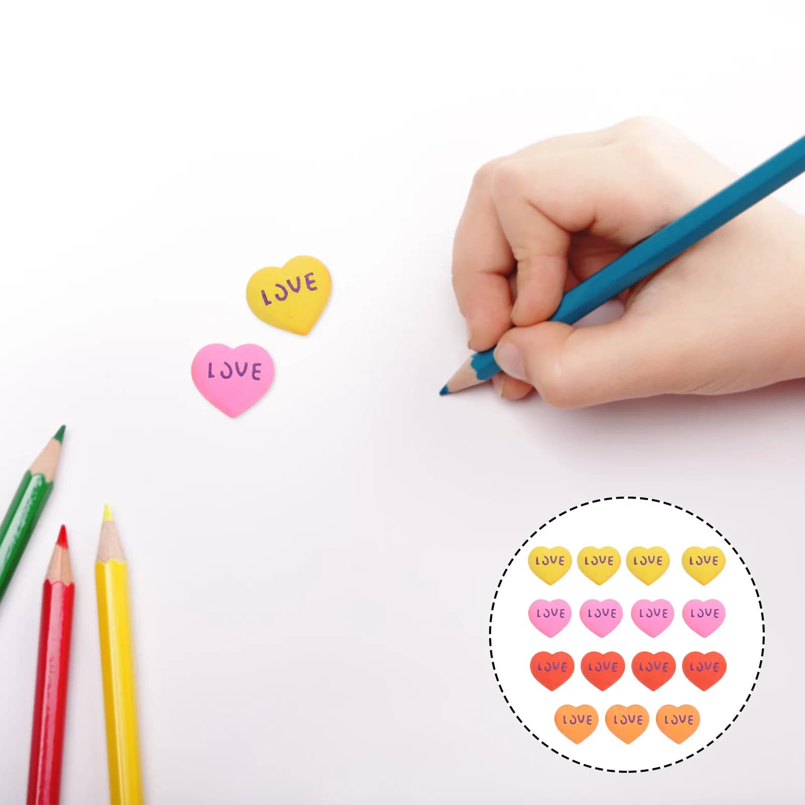 Heart Shaped Pencil Erasers 15 Piece Set Cute Long Lasting Stationery for School Office Study Party Gifts