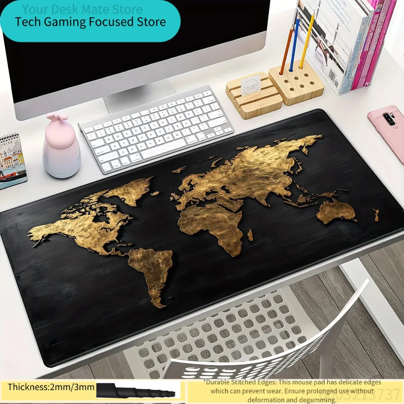 1Pcs Black Gold World Map Print Stitched Edges Large Non-Slip Gaming Mouse Pad Desk Mat