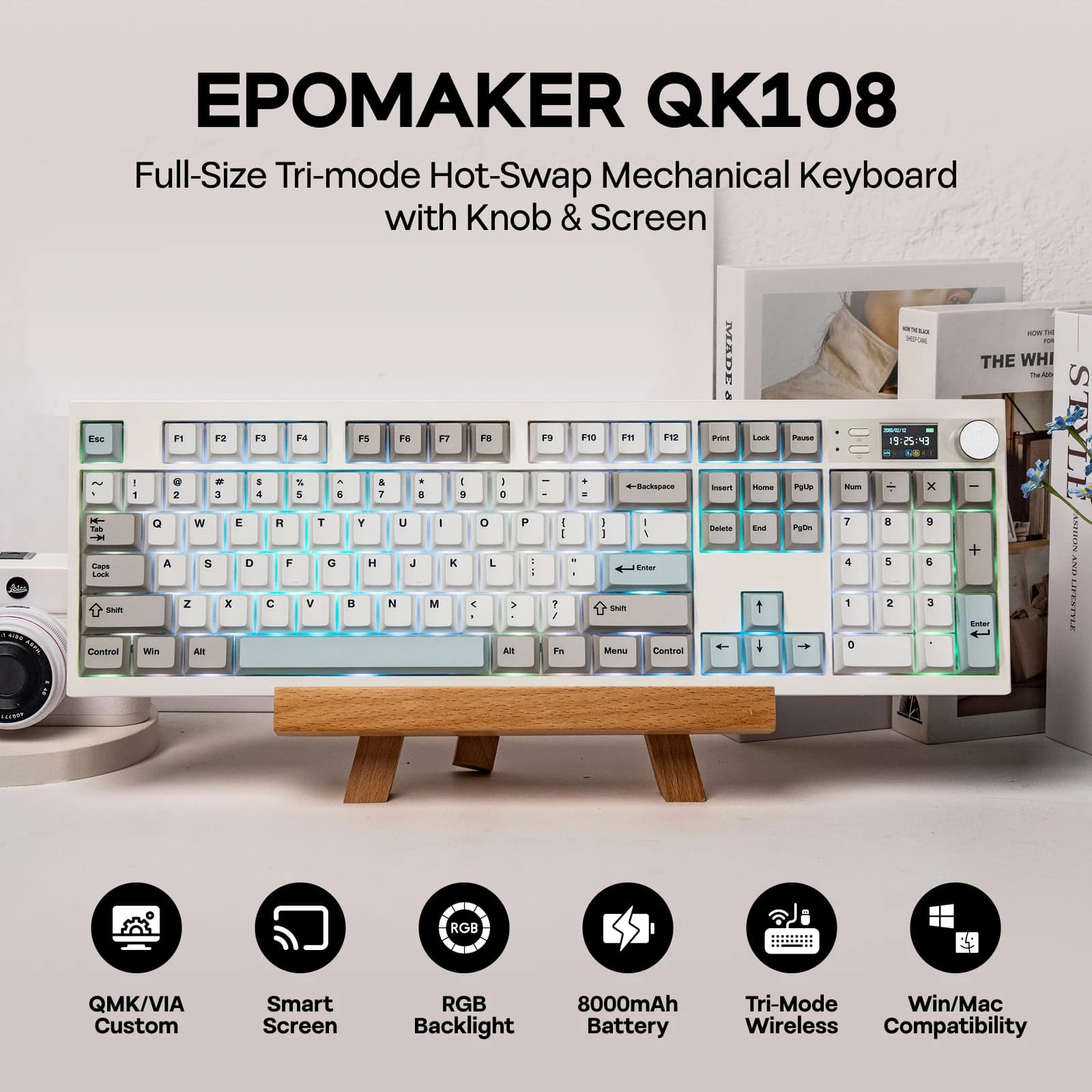 EPOMAKER QK108 Tastiera Meccanica Wireless Tri-Mode con Layout Completo al 100%, Schermo LED Mini e GIF Animati Personalizzabili