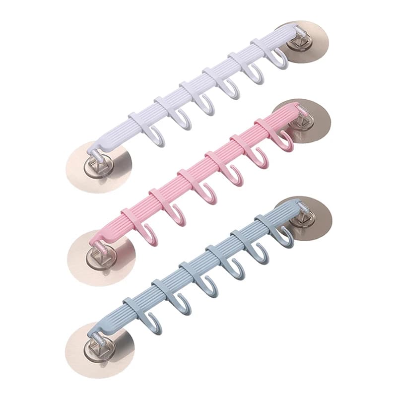 6 Rows Drill-Free Adhesive Suction Cup Hook for Kitchen Bathroom Blue/White/Pink Corner Suspension Hanger No Marks Needed
