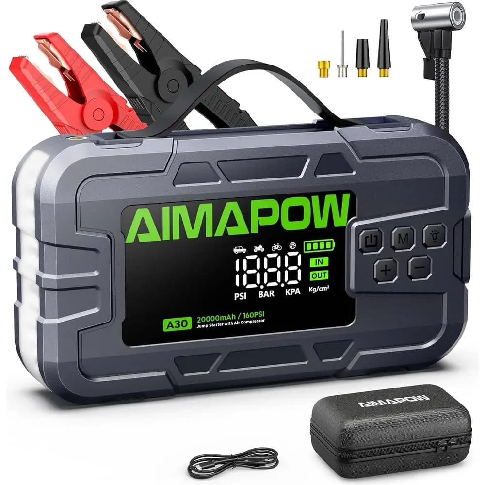 Avviatore di Emergenza con Compressore d'Aria 6000A 160PSI, Avviatore Portatile 12V per Auto con Gonfiatore, Ricarica Rapida e 270° di Rotazione ° Luce LED
