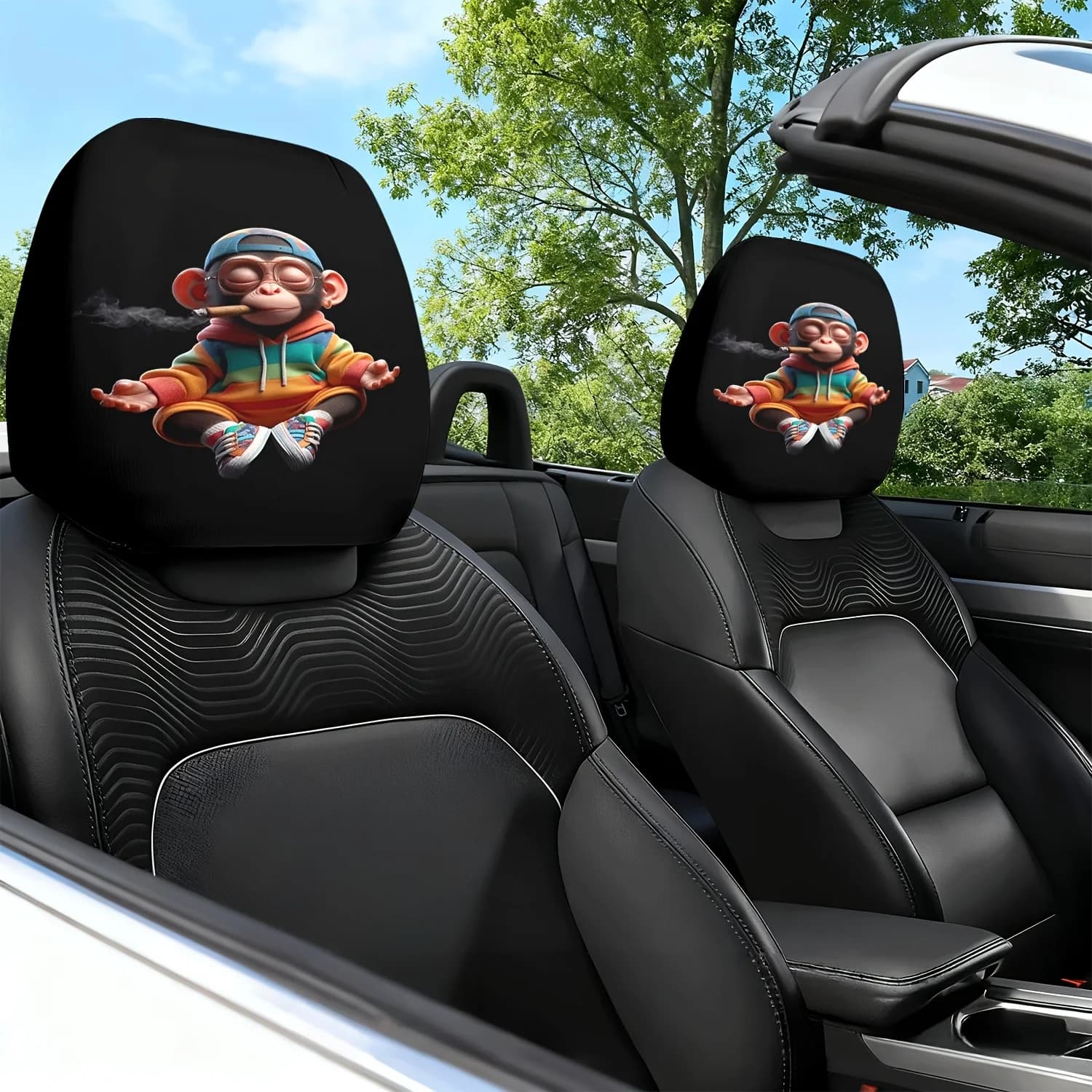 2 Pezzi Cuscino per Sedile Auto con Stampa Divertente di Scimmie in Meditazione - Design Carino - Cuscino Lombare per Interni Auto