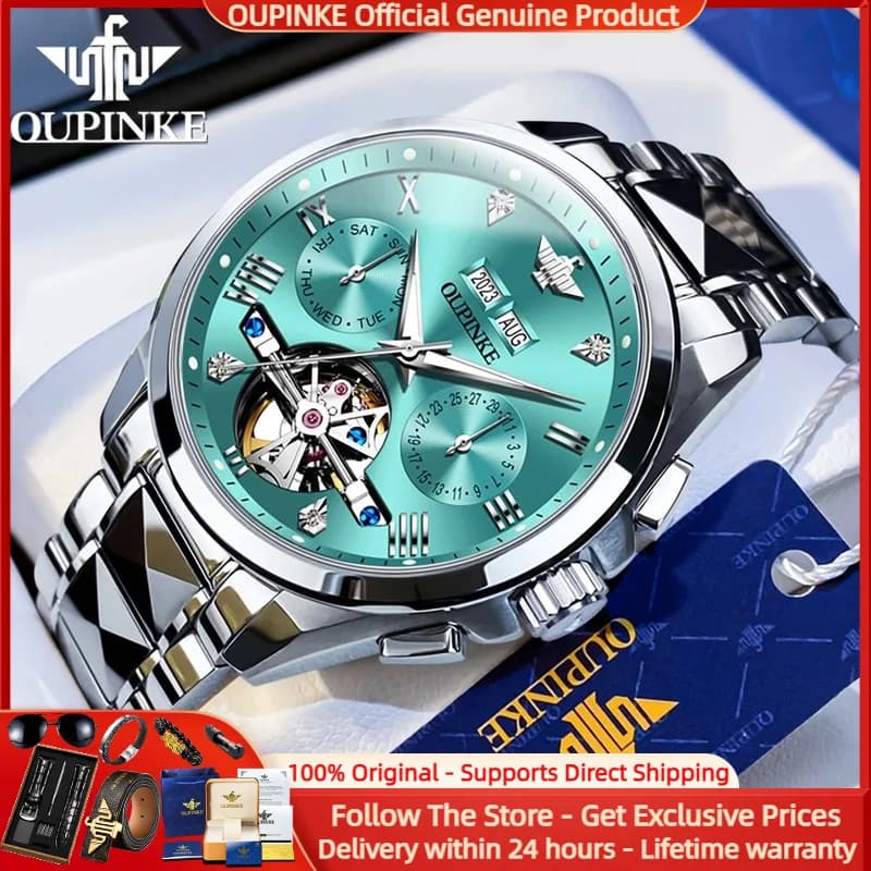 OUPINKE 3186 Orologio meccanico da uomo di marca di lusso Volano scheletro Orologio da uomo di marca Orologio impermeabile con calendario automatico in scala romana