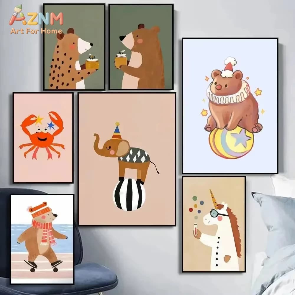Adorable Circus Animals Canvas Art Abstract Bear, Elephant, Bee, Unicorn, Tiger Poster Home & Bar Decor