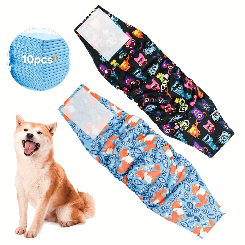 10PCS Changing Pad Reusable Dog Diapers with Hook Loop Tape Washable Pet Physiological Pants with Animal Print Leakproof Pet