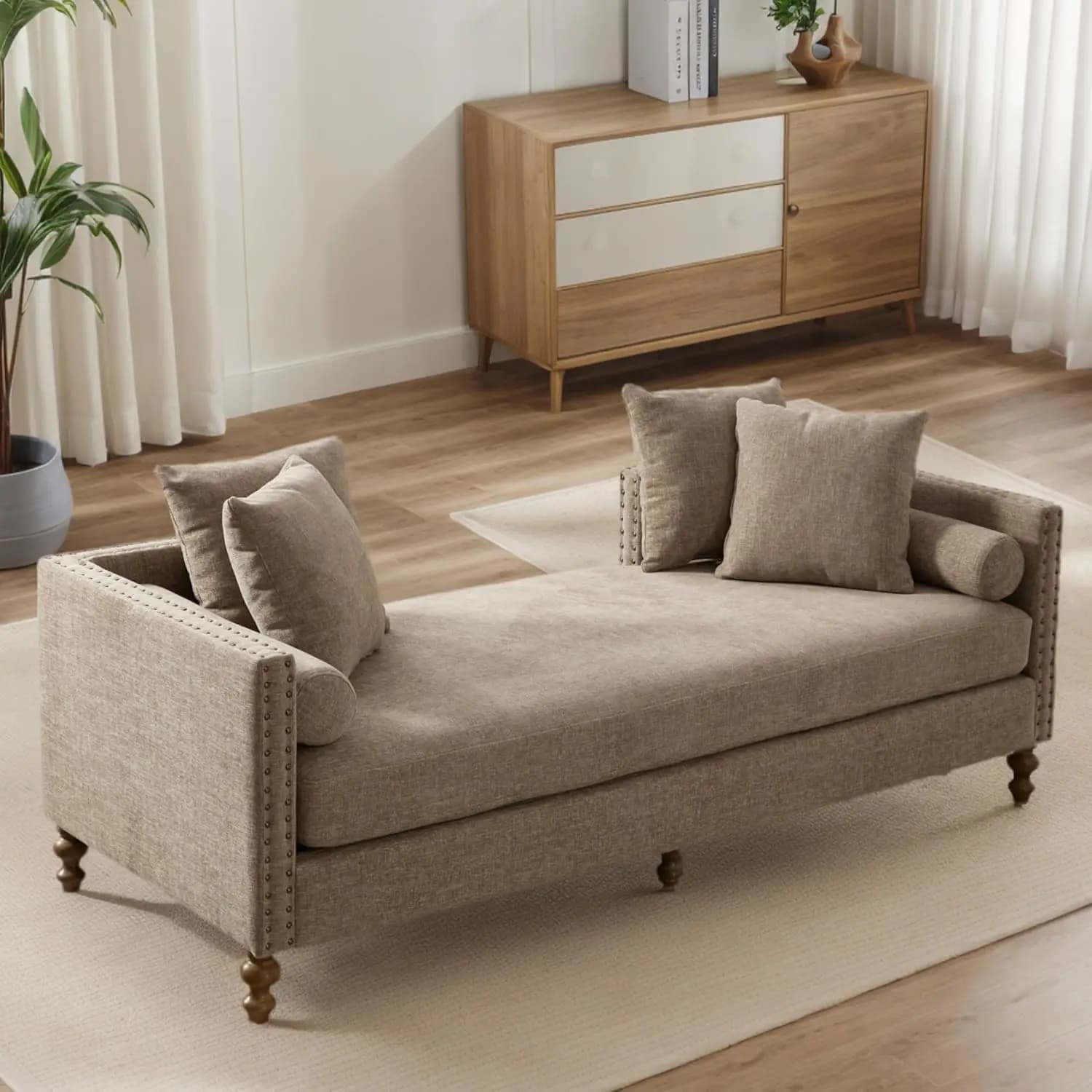 Chaise Longue Imbottita Oversize da 75 Pollici per Interni con Braccioli, 6 Cuscini e Gambe in Legno Massello per Camera da Letto e Soggiorno, Personalizzabile