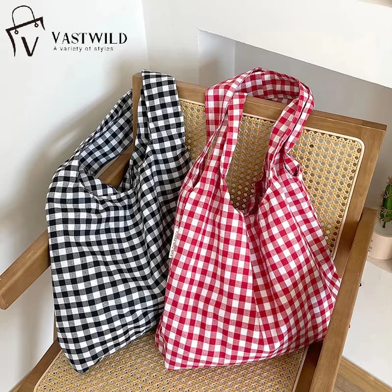 Vintage Plaid Women's Vest Shoulder Bags Large Capacity Female Reusable Shopping Bag Cotton Cloth Schoolgirls Book Tote Handbags