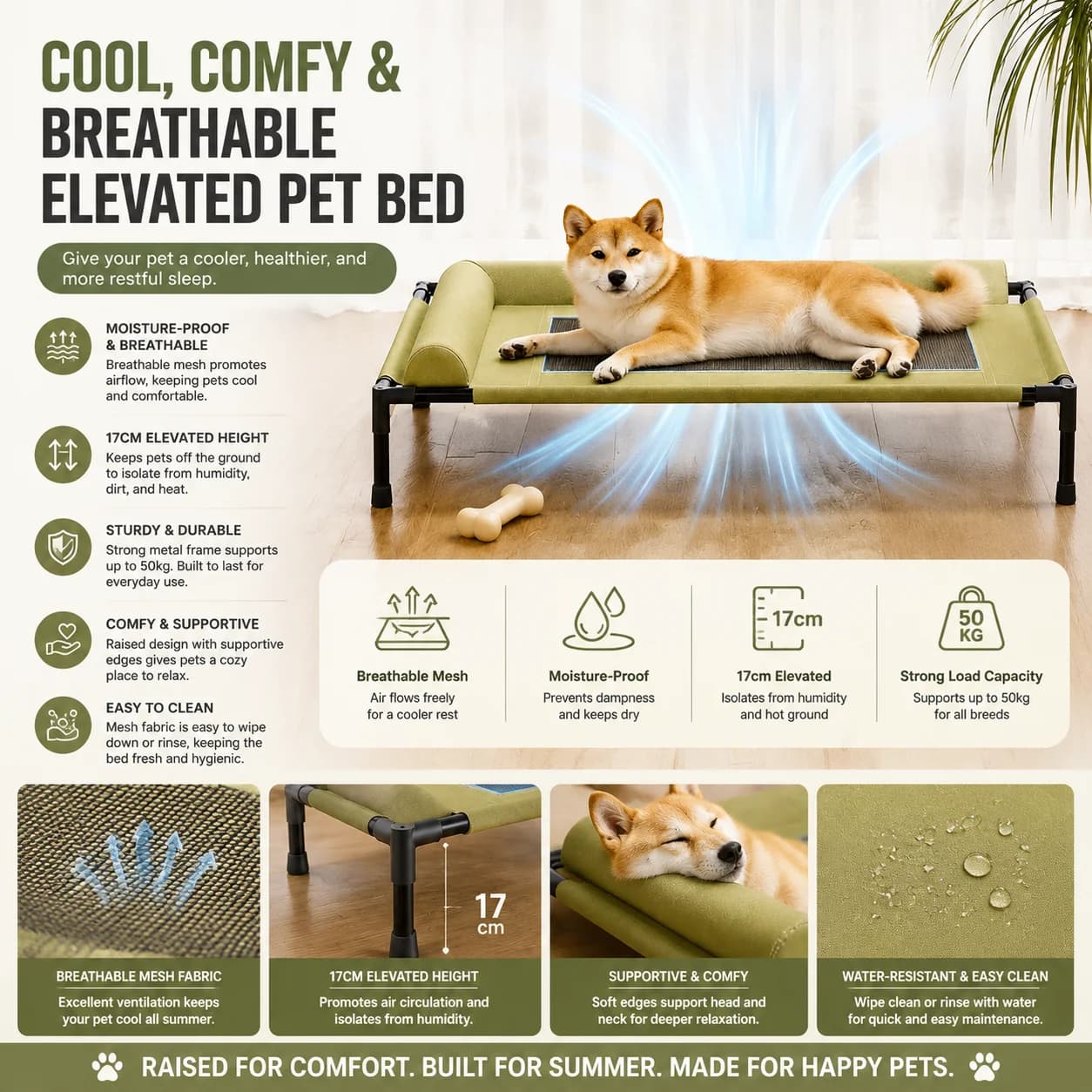 Raised Mesh Pet Bed for Medium Large Dogs Cats, Off-the-Ground Breathable Sofa, Removable Washable Moisture-Proof with Pillow