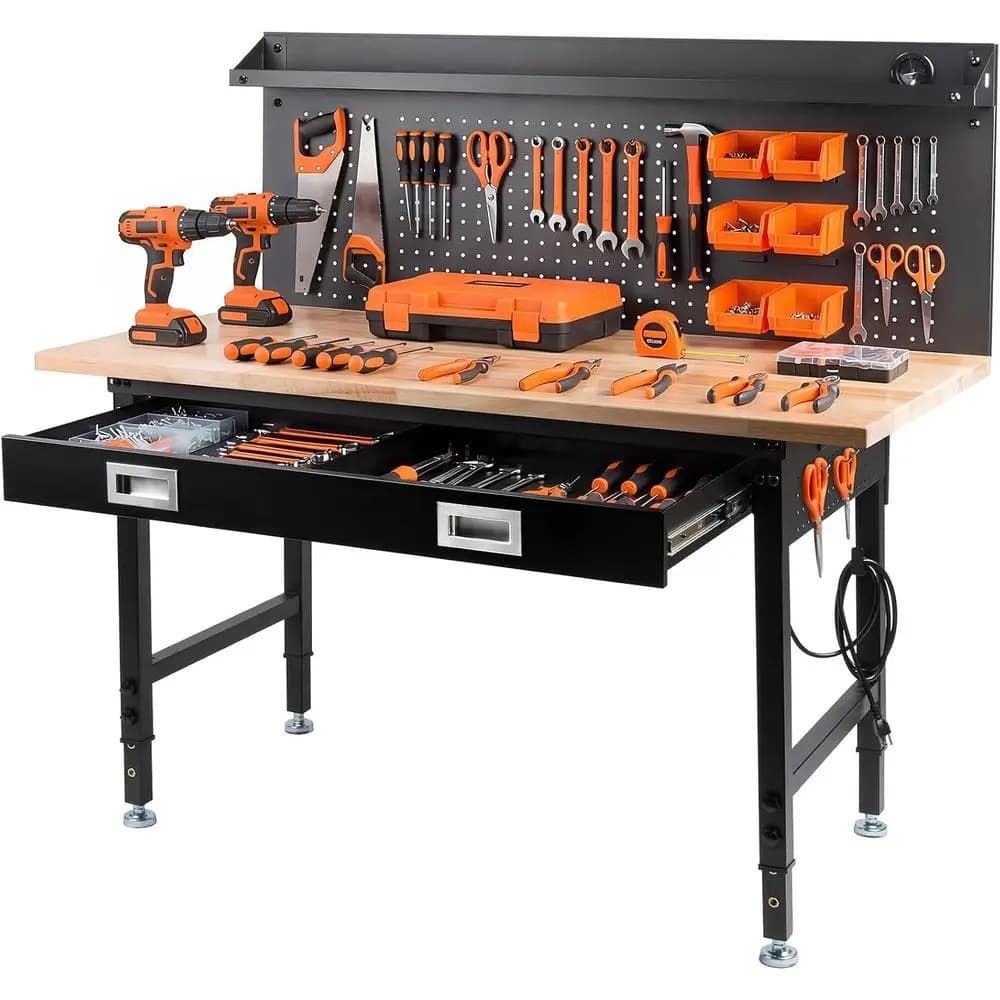 60" Adjustable Work Bench with Ders, Workbench or Garage with Strip Light, Work Table with Large Pegboard, 2000 LBS Heavy Duty T