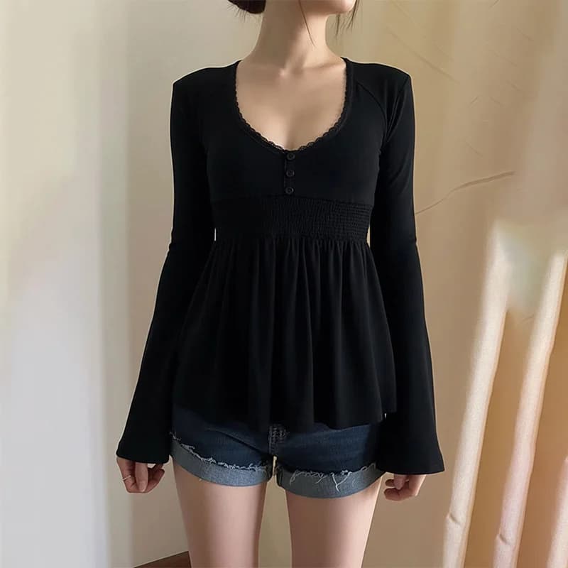 Summer Women Coquette Soft Girl Daily Lace Trim U Neck Button Front Smocked Waist Flare Sleeve Peplum Slim Fit Long T-Shirts
