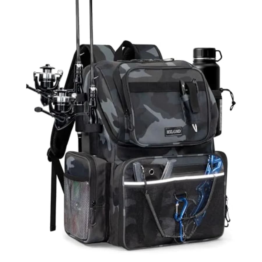 Zaino da Pesca con Portacanne 43L, Borsa Impermeabile Grande per Attrezzatura e Equipaggiamento con Scomparto Termico per Uomini Pescatori