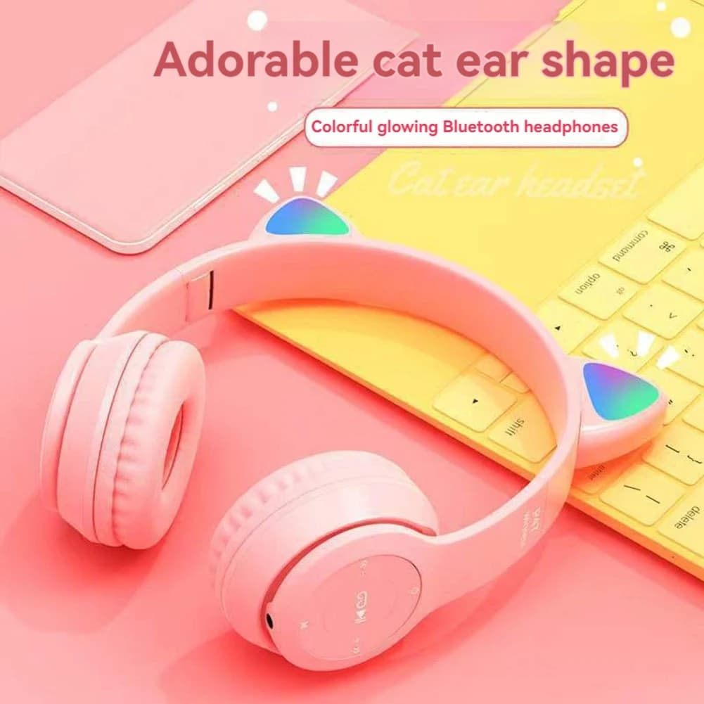 Bluetooth Cat Ear Headphones For Kids Wireless Mode Foldable Headset With Mic, RGB LED Light For Gift School Gaming-A79U