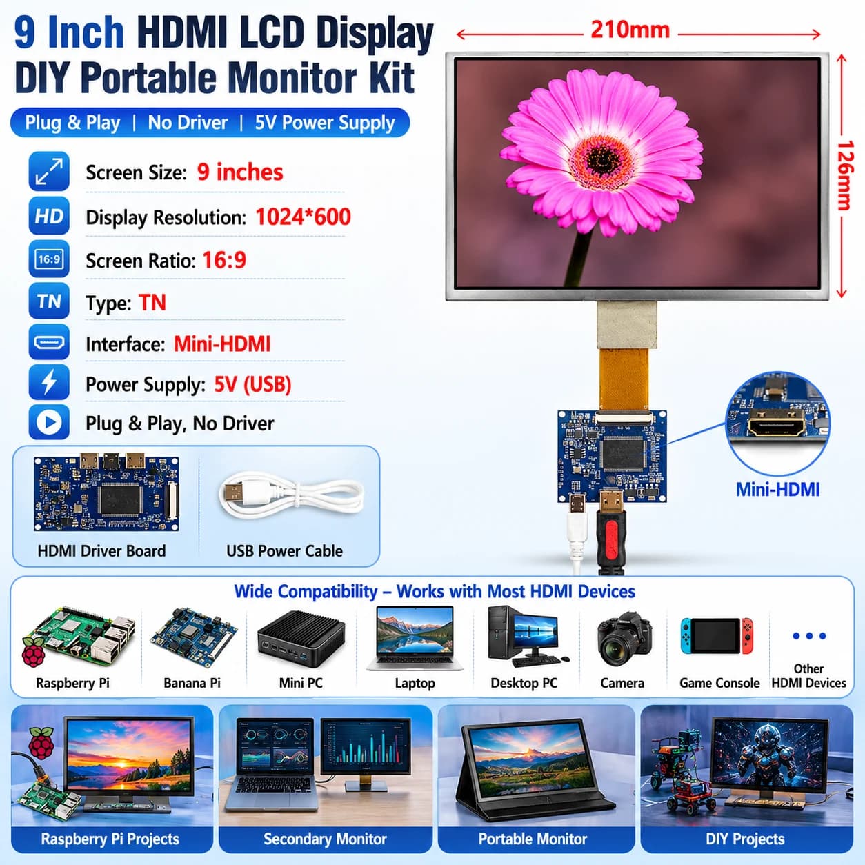 9 inch 1024*600 LCD monitor with HDMI compatible Mini driver control card for Orange Raspberry Pi 1 2 3