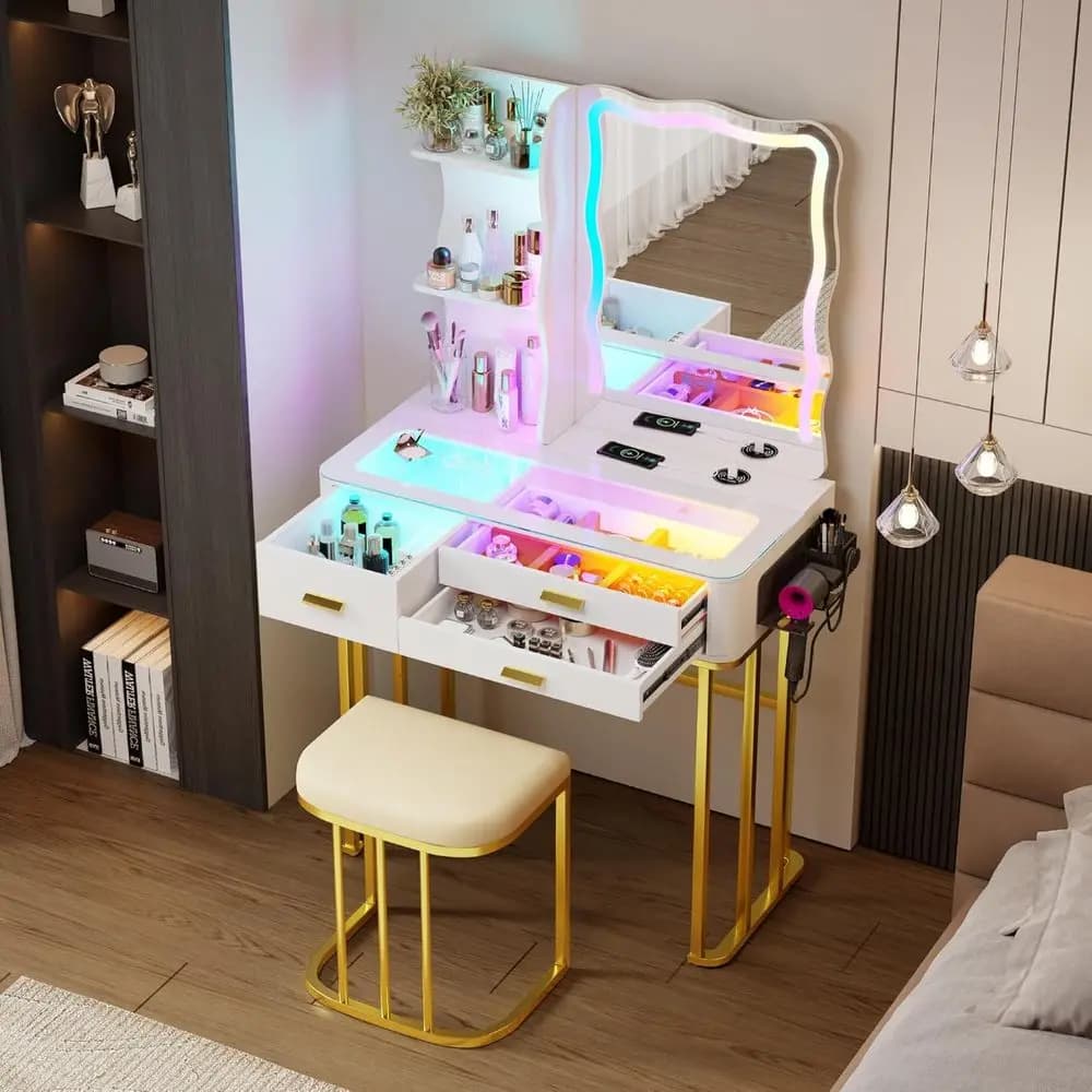 Tavolo da Trucco RGB LED con Specchio e Luci, Piano in Vetro Temperato, 3 Cassetti, Stazione di Ricarica, Supporto per Asciugacapelli, Di