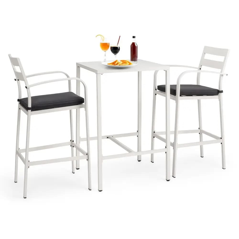 Set da bar da esterno in 3 pezzi, tavolo alto da bar in alluminio e 2 sedie con cuscini, mobili da giardino ad altezza bancone per cortile, piscina