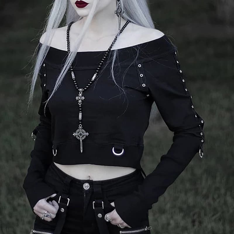 Felpa Gotica Nera da Donna Monospalla Crop Top in Cotone Slim Fit Stile Street