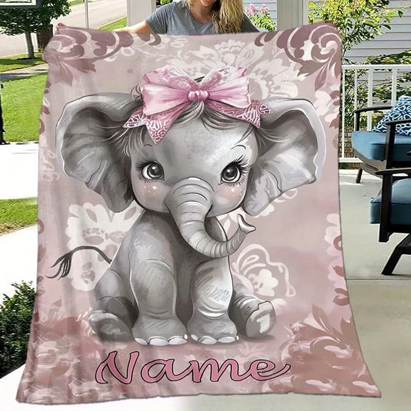 Customized Elephant Blanket with Pink Bow - Soft Flannel, Comfortable All Season for Sofa, Bed, and Travel - Cute Animal Pattern