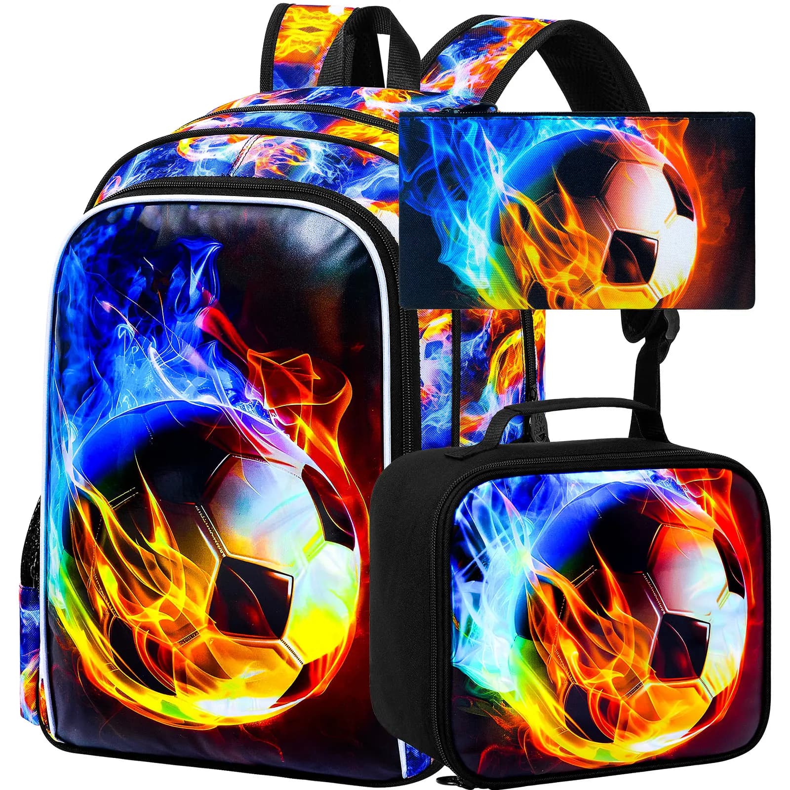 3Pcs Cool Fire Soccer Backpack Set for Boys Kids, Durable Polyester School Bag with Insulated Lunch Box & Pencil Case