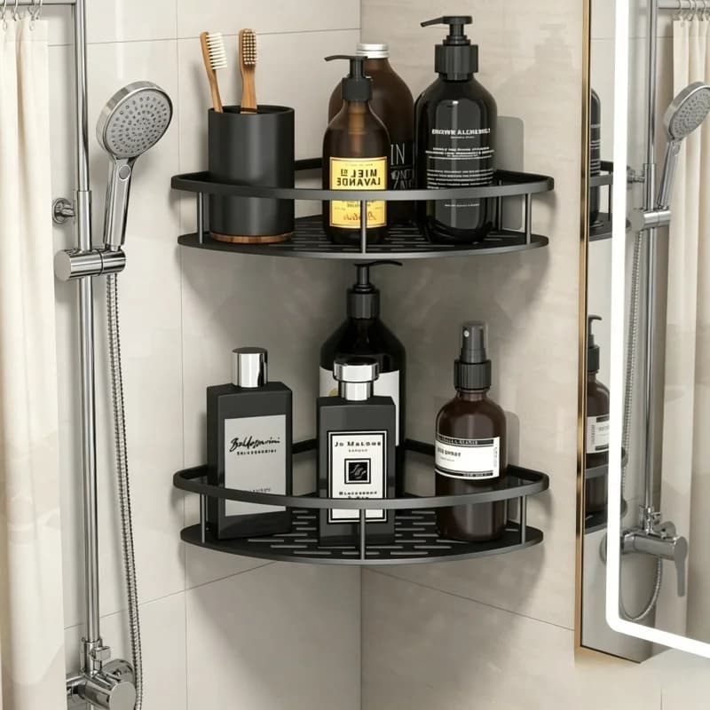 Wall Mount Corner Shower Storage Rack, Drill-Free Bathroom Shelf Holder for Shampoo WC Supplies Daily Bathroom Organizer