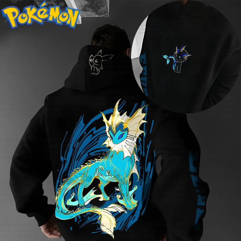 Pokemon Anime Vaporeon Felpa con cappuccio in cotone Pantaloni Harajuku Set Stampa di personaggi neri con motivo effetto spruzzi d'acqua blu giallo