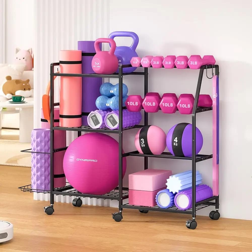 Rack portaoggetti per attrezzature da palestra con ruote e ganci, organizer per kettlebell e tappetini yoga
