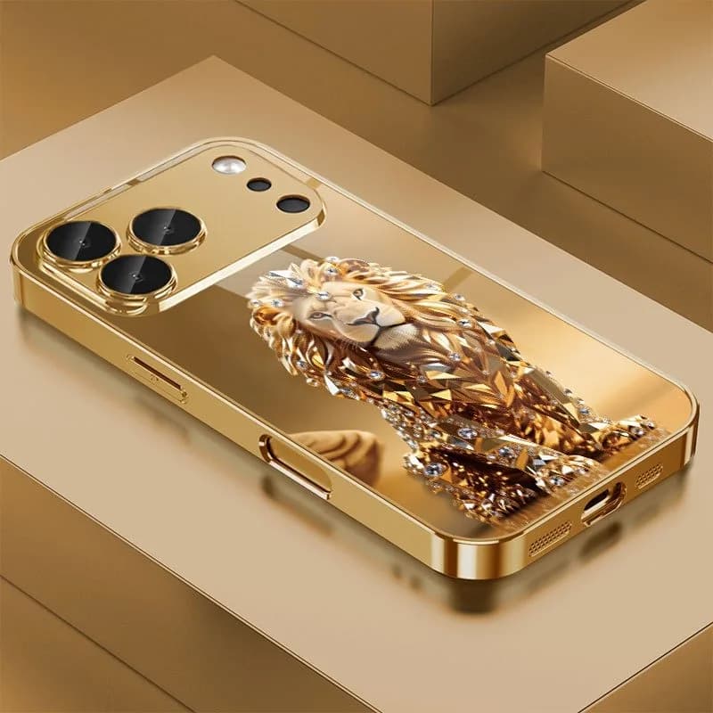 Cover per iPhone in Vetro con Motivo Leone Dorato e Vernice Metallica Effetto Cristallo per iPhone 17 11 12 13 14 15 16 Pro Max 15 Plus 17Air 16E