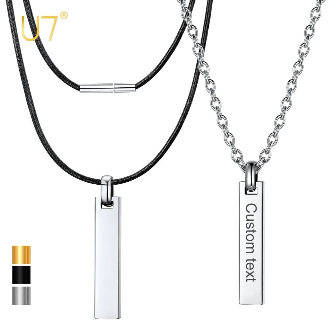 Collane con Ciondolo Rettangolare Personalizzato U7 con Catena Rolo/Cordoncino Cerato, Gioielli Incisi con Testo/Nome/Data Personalizzati, Regalo