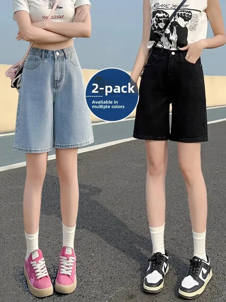 Shorts in denim a vita alta da donna, sottili, estivi, nuovi, per forma a Pera, taglio dritto, larghi, a mezza lunghezza, in cotone elasticizzato