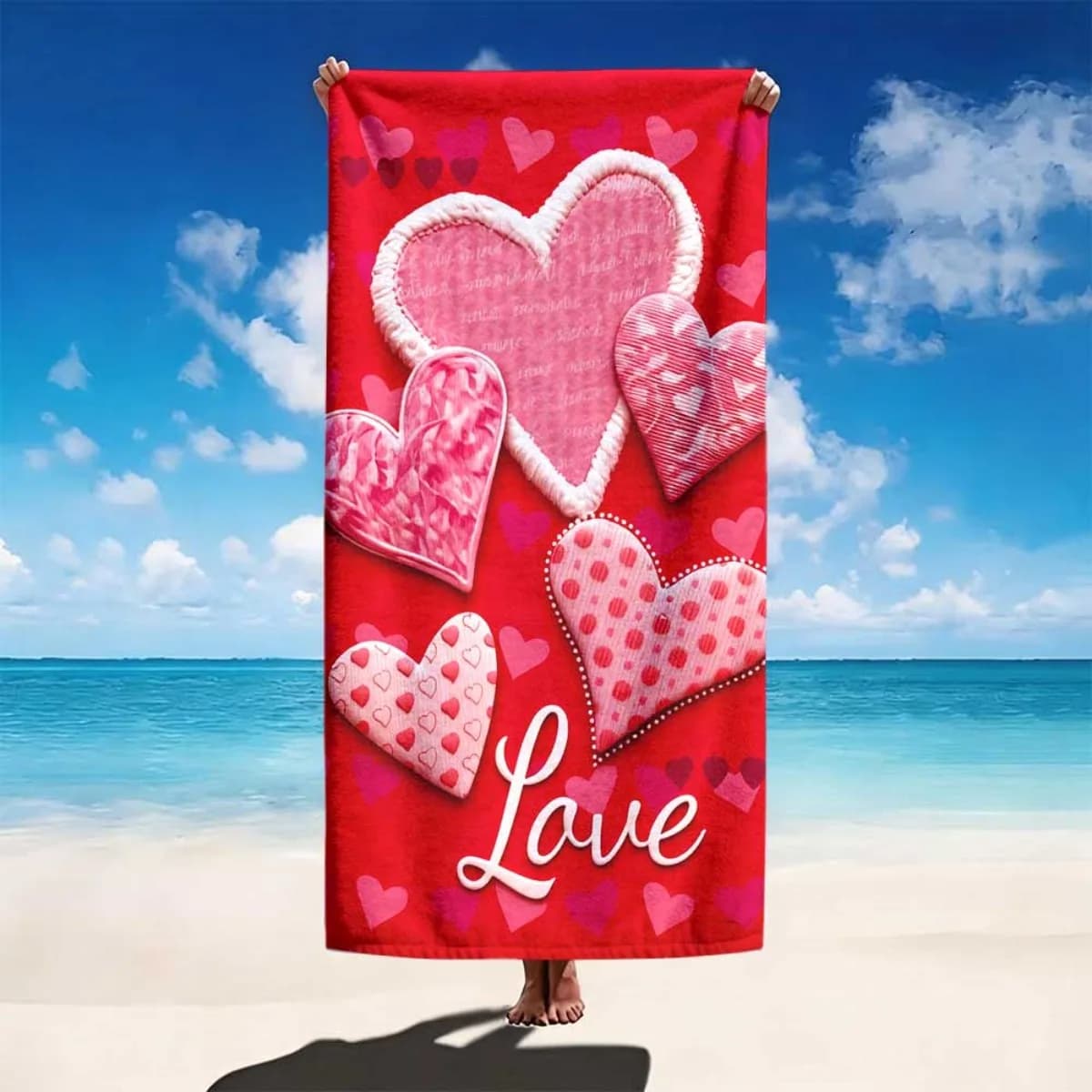 Asciugamano da spiaggia con motivo a cuore, 1 pezzo, morbido tessuto unisex per uso quotidiano, elevato assorbimento d'acqua, portatile e resistente. Utilizzo multi-scena per viaggi