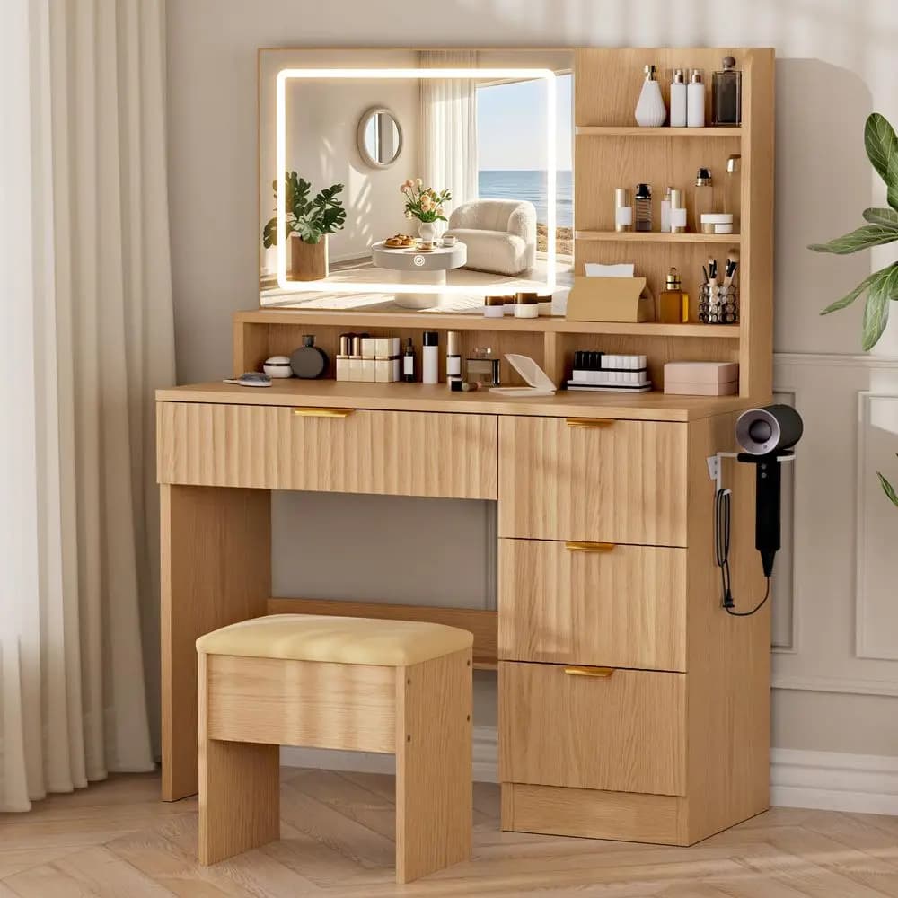 35.4 Wooden Makeup Vanity Set with Charging Station amp Stool Smart LED Mirror, Fluted Design, Cushioned Stool, Hairdryer Rack