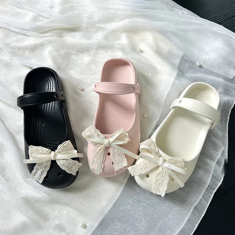 Clogs Lace Bow Slippers Women Summer Original Designer Ballet Shoes Girls Sweet Indoor Outdoor Sandals Non-Slip Soft Mary Jane