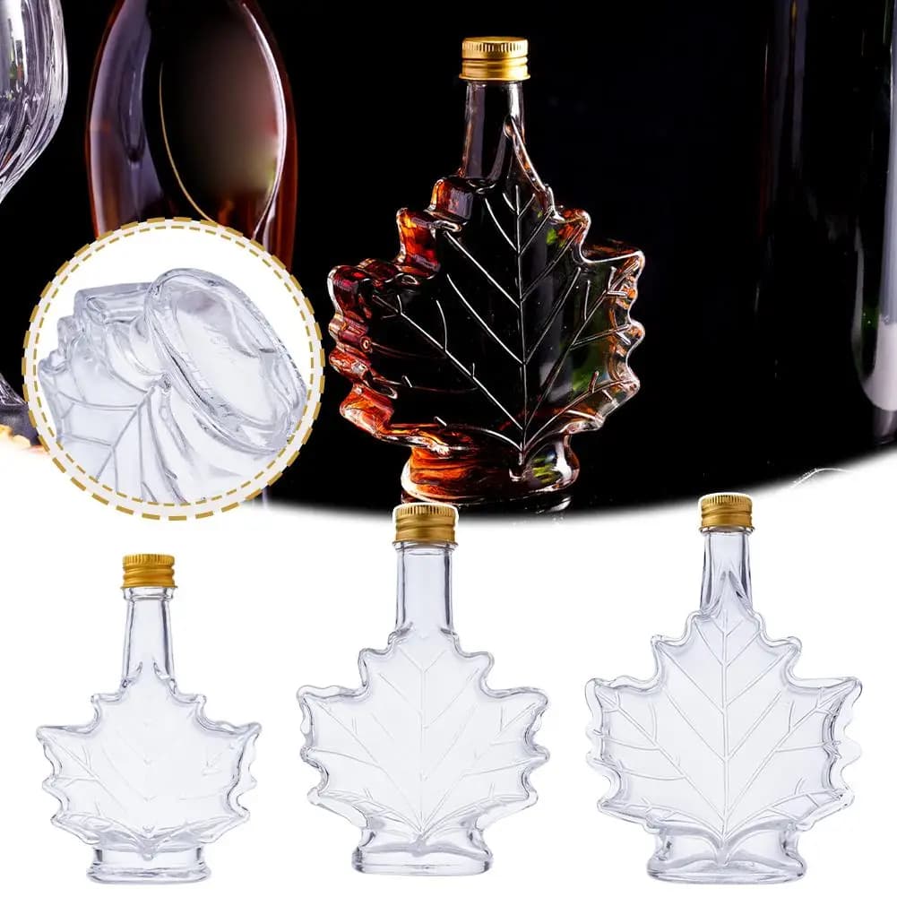 1 pz Bottiglie in Vetro a Forma di Foglia d'Acero da 50ml, 100ml, 250ml per Whisky, Alcol, Vino, Sciroppo, Liquori e Scotch con Tappo