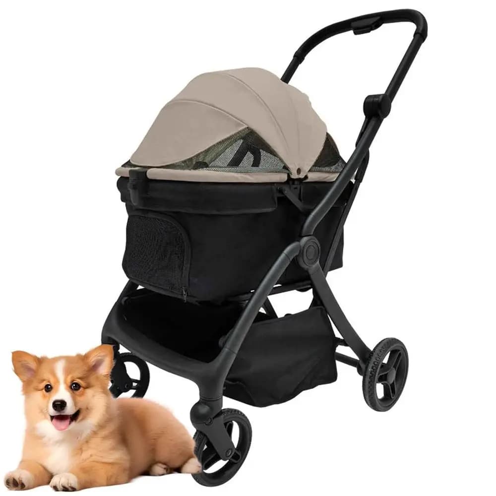 Passeggino per animali domestici per cani e gatti, 4 ruote, con portaoggetti e cinture di sicurezza, kaki