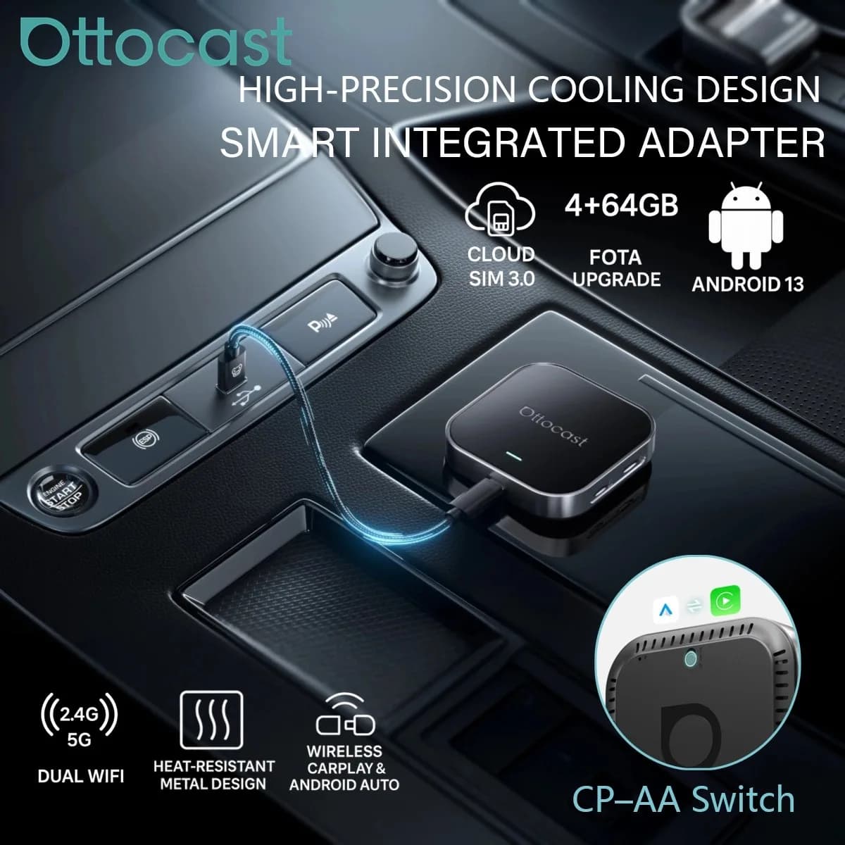 Ottocast E2 AI Box Wireless CarPlay Android Auto Adapter Android 13 Plug & Play Cloud SIM 3.0 Smart for car multimedia display